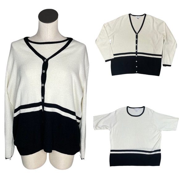 Vintage Sweaters - Vintage August Max Woman Cardigan Short Sleeve Top Set Off White Black Size X
